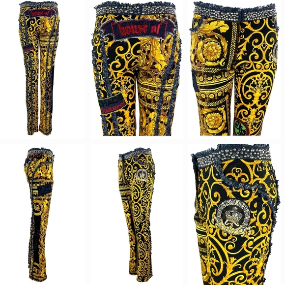 Versace Denim - Versace Chaos Couture Studded Archival Print Denim Fringe Jeans Size 44​​​